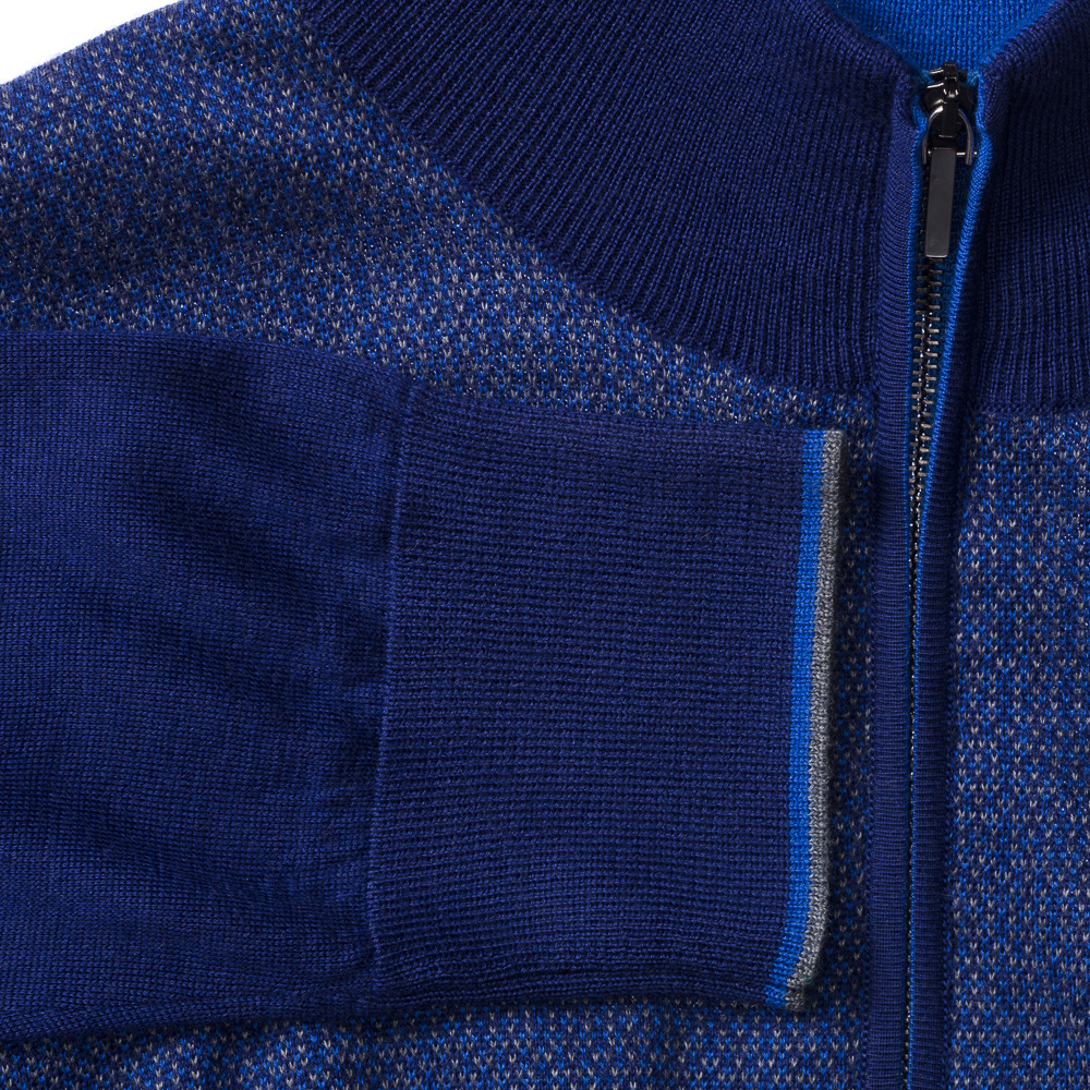 Синее поло с узорами, длинными рукавами и молнией шерсть/кашемир/шелк
