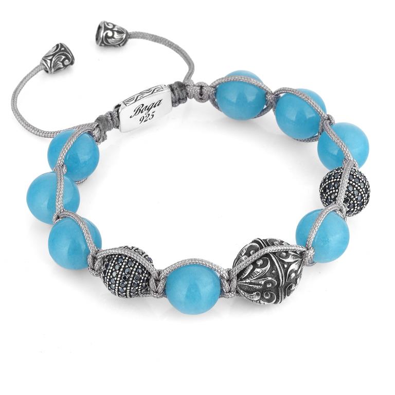 Плетеный браслет из нити с серебряными деталями - циркон и голубой кварц