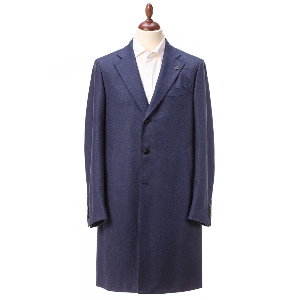 Удлиненное однобортное пальто синего цвета из шерсти