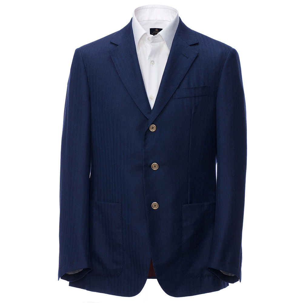 Темно-синий приталенный пиджак с узором «‎елочка»‎ кашемир/шелк