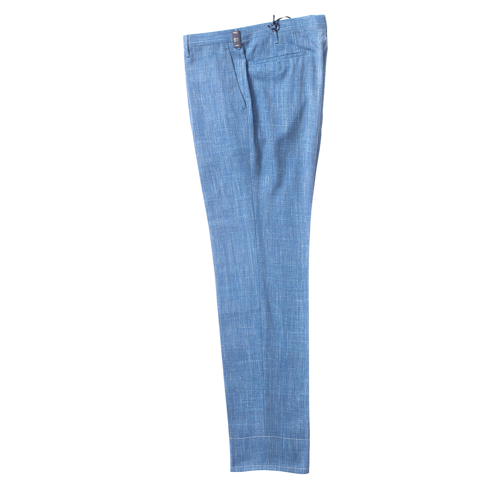 Голубые брюки с прорезными карманами лен/шерсть/шелк