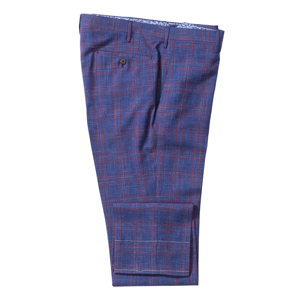 Синие брюки с отделкой в клетку и прорезными карманами лен/шерсть/шелк
